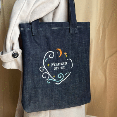 Tote Bag en Jean – Broderie “Maman en or”
